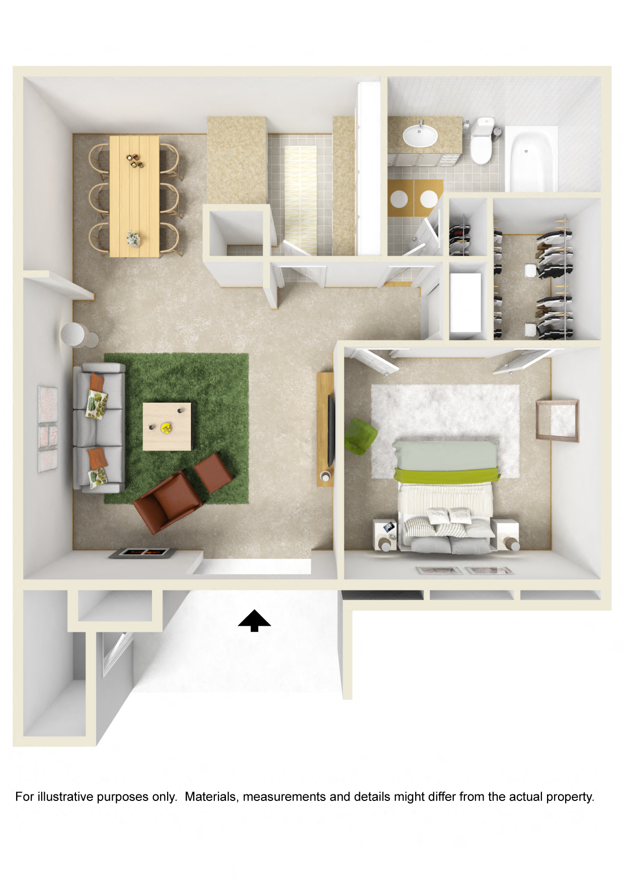 Floor plan for 1 bed, 1 bath, 700 sqft
